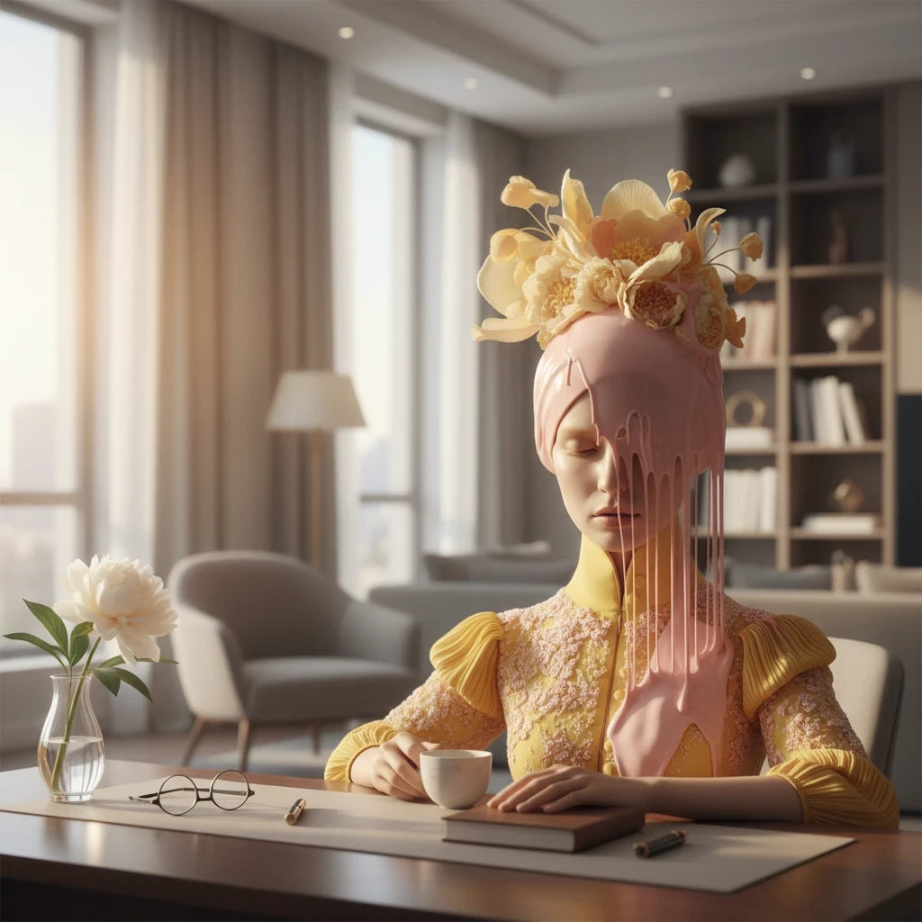 PURETE matte hardcover journal on a desk in a bright, elegant room with a surreal floral-crowned woman