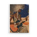 PURETE hardcover journal featuring a vibrant illustration of a woman playing a guitar in a desert under a starry sky.