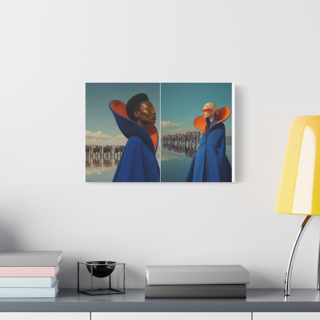 PURETE matte canvas print featuring two figures in blue coats and orange collars displayed on a white wall