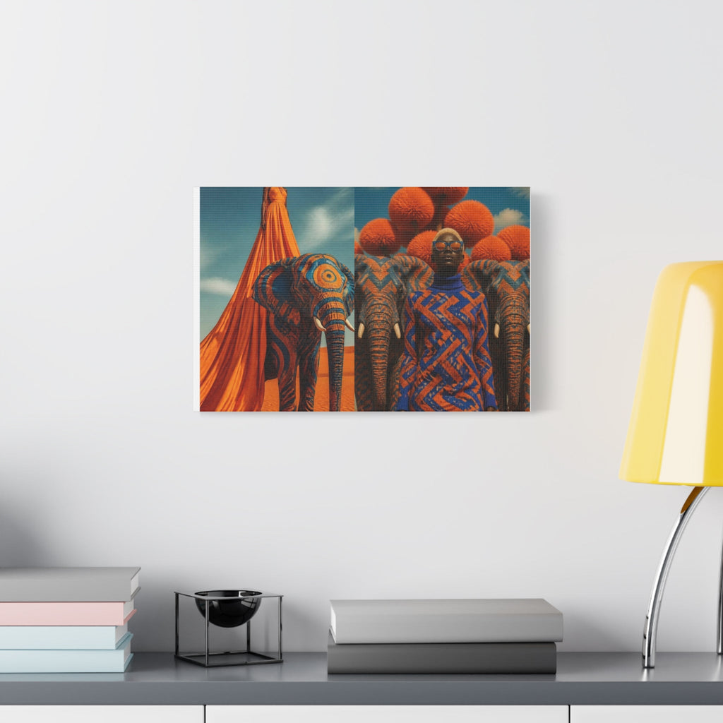 PURETE matte stretched canvas featuring vibrant African-inspired elephant and portrait art hanging on a white wall.