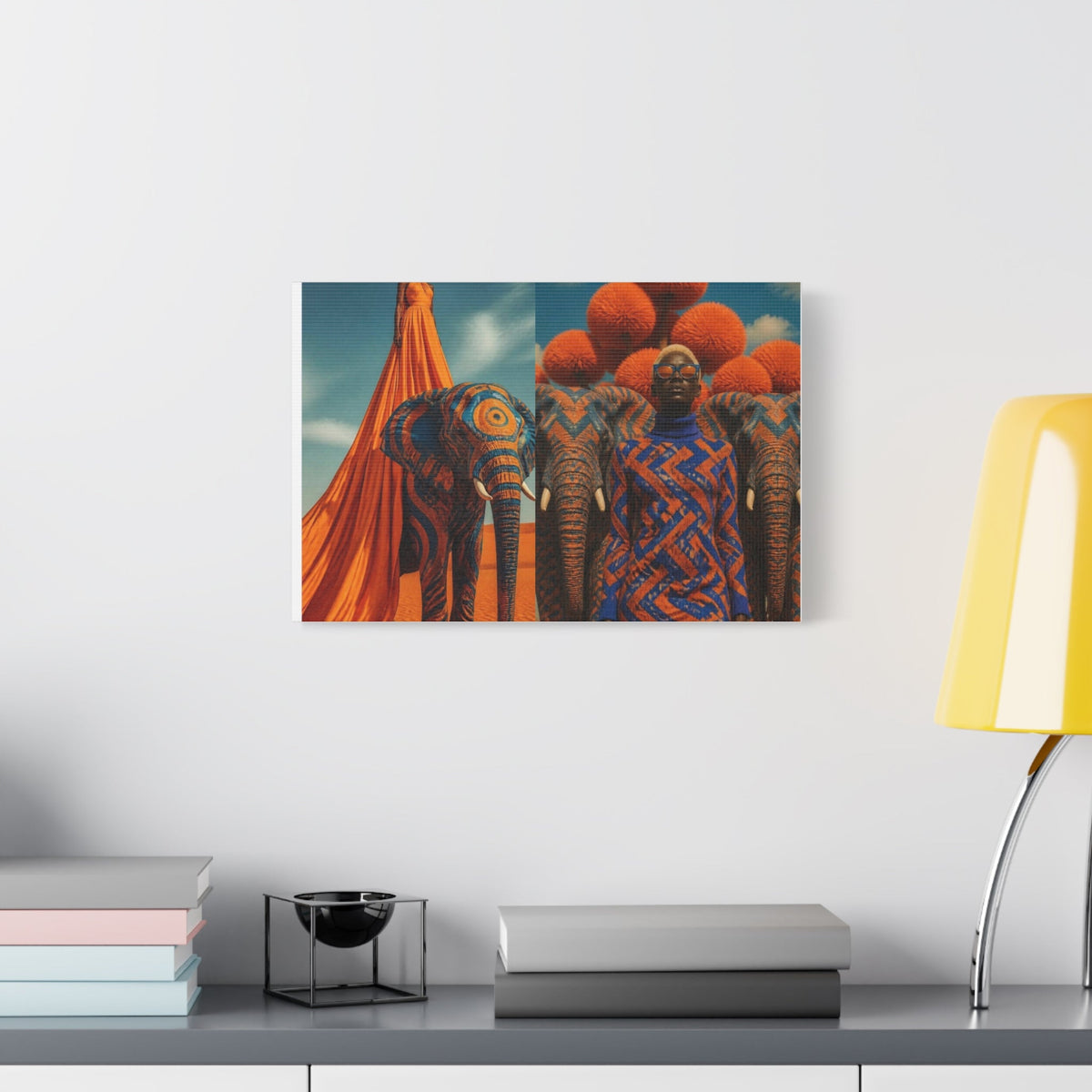 PURETE matte stretched canvas featuring vibrant African-inspired elephant and portrait art hanging on a white wall.