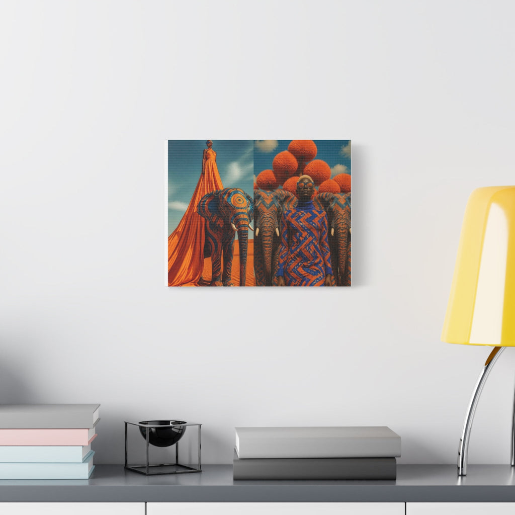 PURETE matte stretched canvas featuring surreal African-inspired art hanging on a white wall above a desk with a lamp.