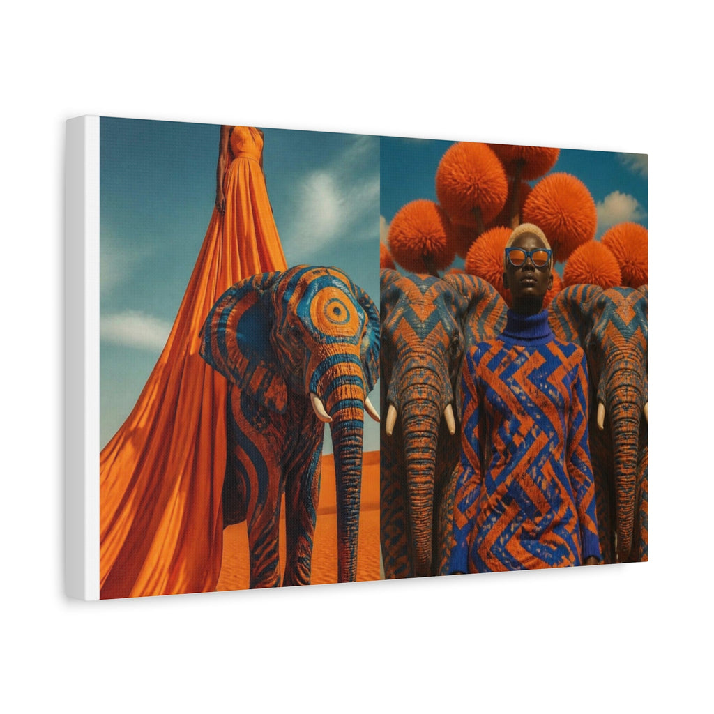 PURETE matte stretched canvas featuring a surreal artistic print of elephants and a person in vibrant orange and blue.