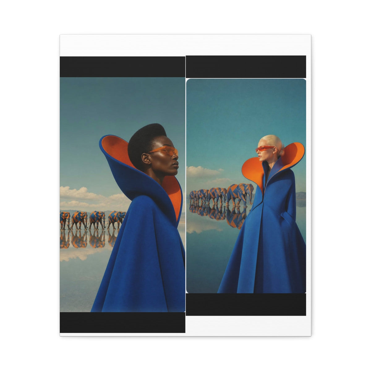 PURETE matte canvas print featuring a split-screen artistic portrait of two models in blue capes with orange accents.