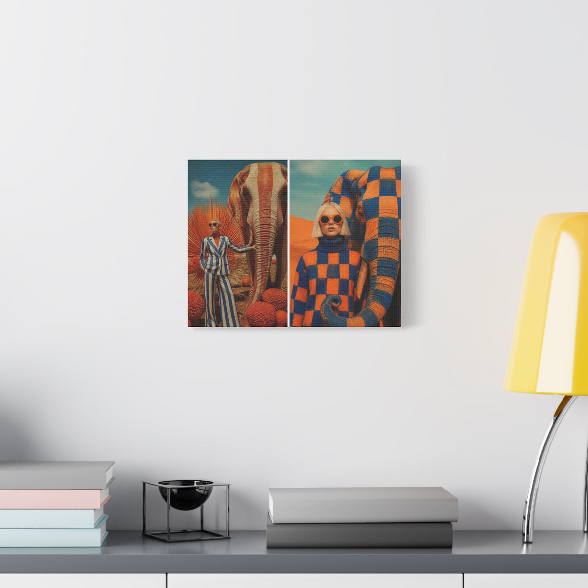 PURETE matte canvas featuring surreal art of people and elephants on a wall above a desk with a yellow lamp.