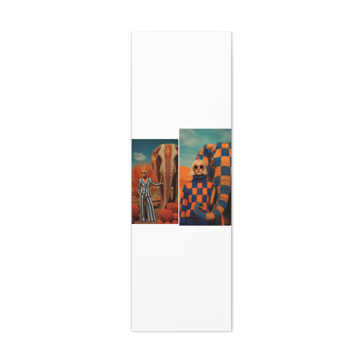 PURETE matte stretched canvas featuring a surreal desert art print with two fashion models and stylized elephants.