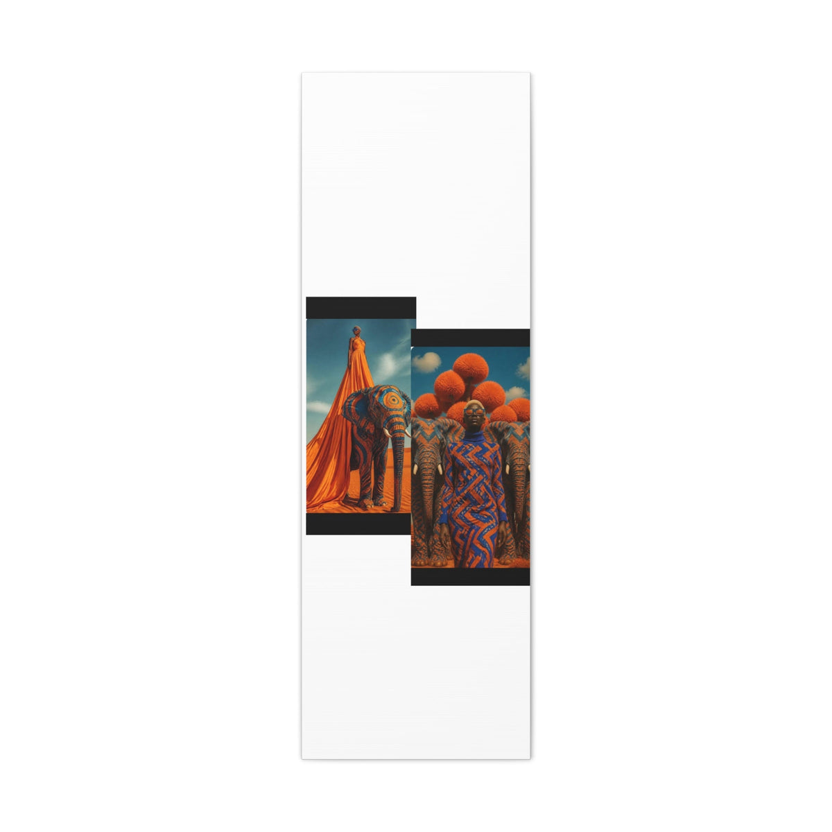 PURETE matte canvas featuring vibrant orange and blue artistic photography of elephants and figures in a vertical layout