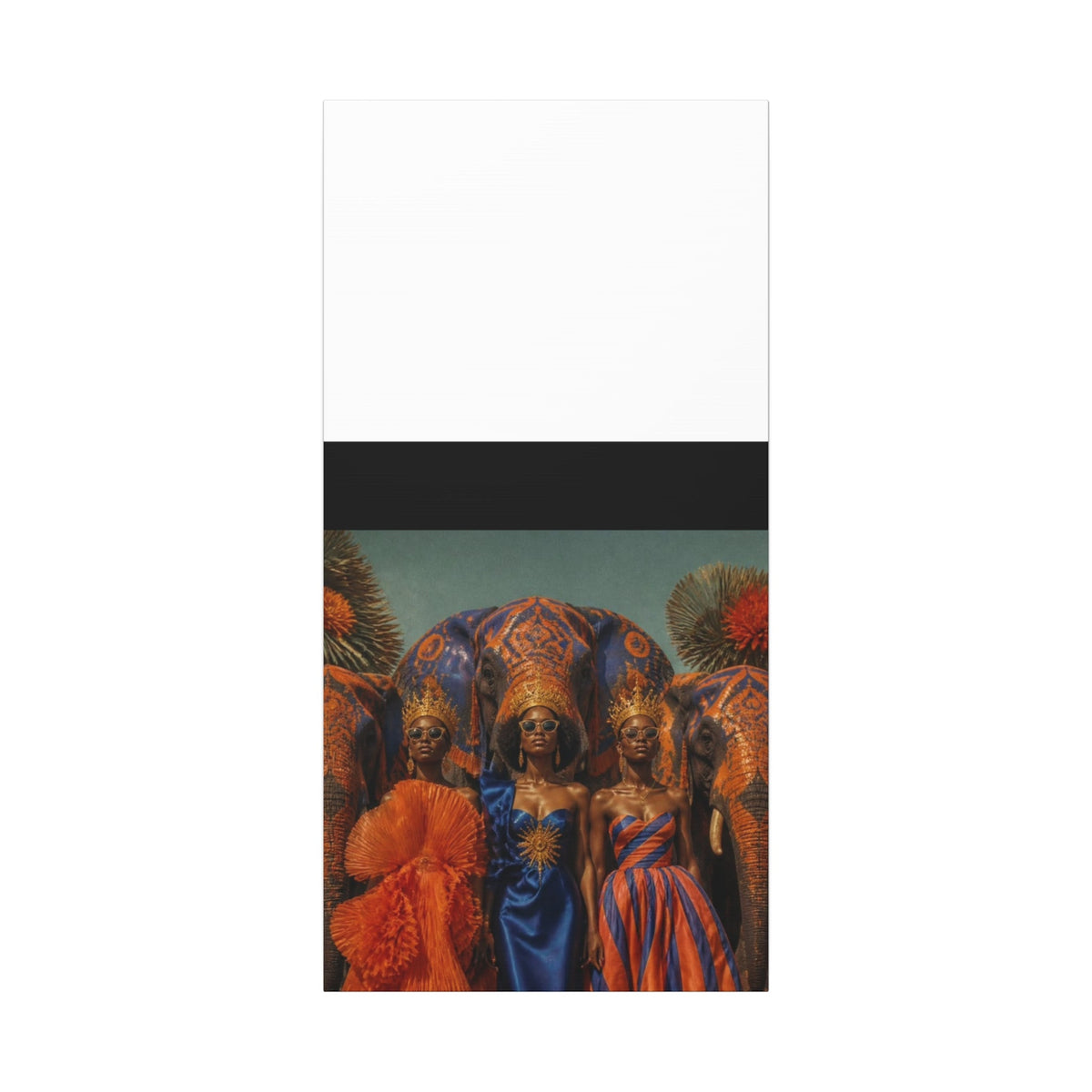 PURETE matte stretched canvas featuring three women in regal attire and crowns standing before ornate elephants.