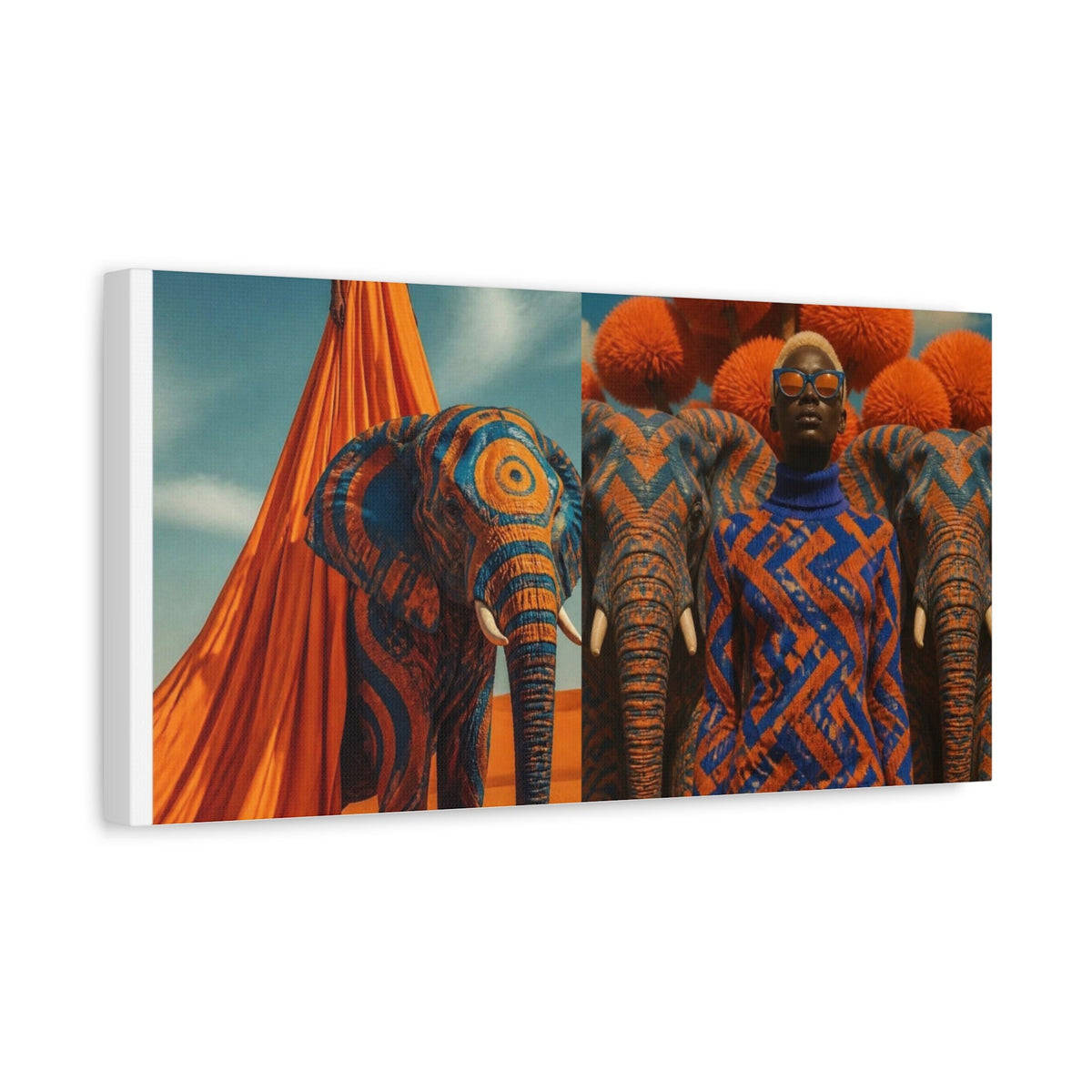 PURETE matte canvas print featuring a surreal artistic composition of patterned elephants and a stylish model.