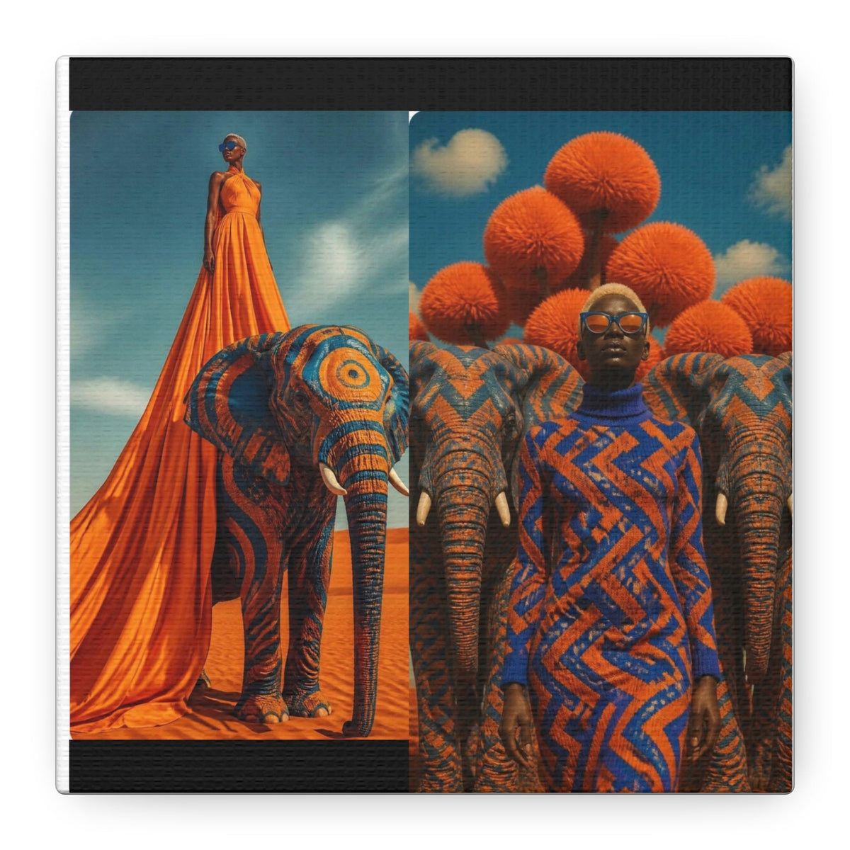 PURETE matte stretched canvas featuring surreal African-inspired fashion photography with elephants and orange accents.