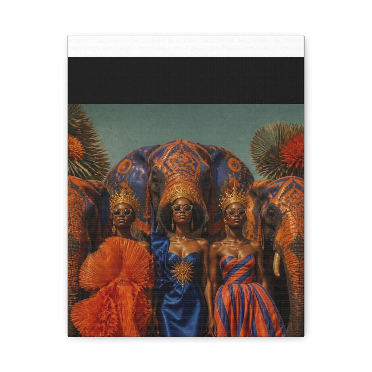 PURETE matte canvas print featuring three women in regal attire and sunglasses standing before decorated elephants.