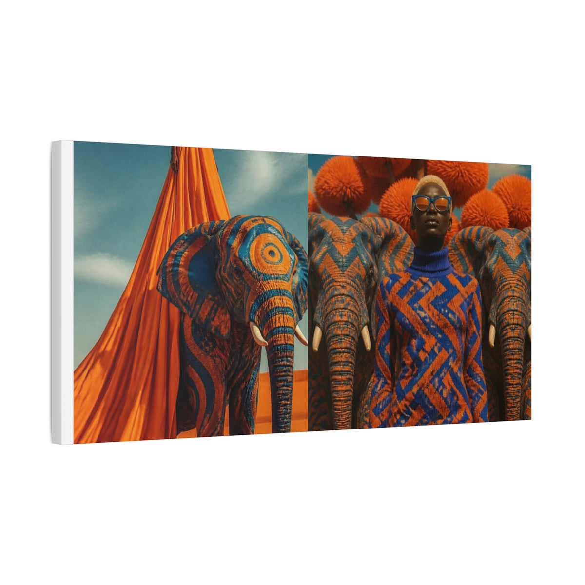 PURETE matte canvas print featuring a surreal artistic composition of elephants and a person in vibrant orange patterns.
