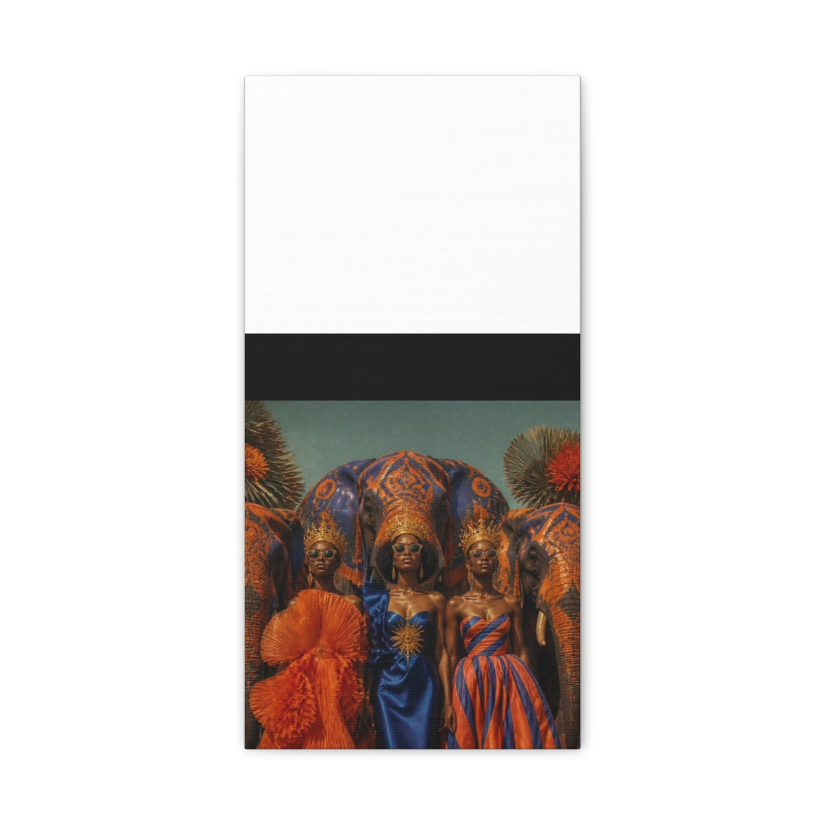 PURETE matte stretched canvas featuring three women in regal attire standing before ornate elephants