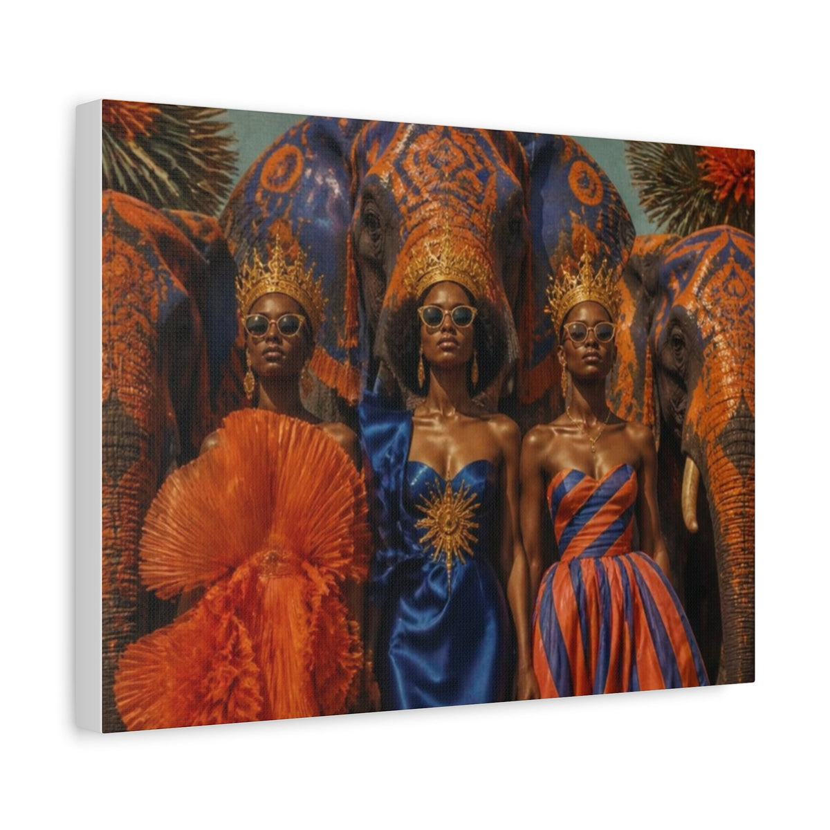 PURETE matte stretched canvas featuring three women in crowns and elegant gowns standing before decorated elephants