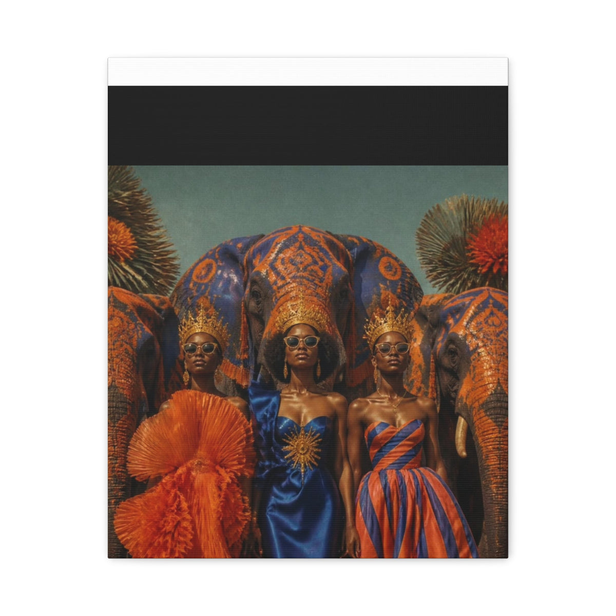 PURETE matte stretched canvas featuring three regal women in crowns and sunglasses standing before ornate elephants.
