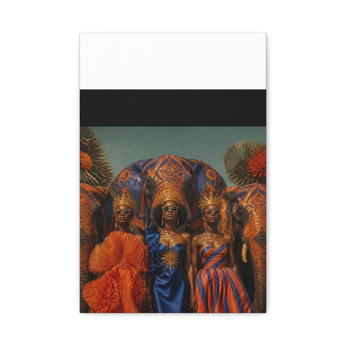PURETE matte canvas print featuring three women in crowns and elegant gowns standing before decorated elephants.