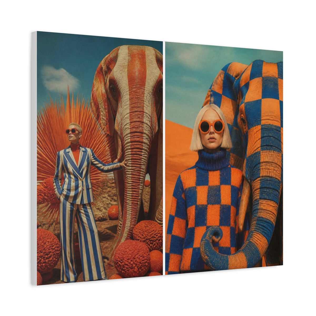 PURETE matte canvas featuring surreal art of women with elephants in orange and blue, stretched on pine wood frame.