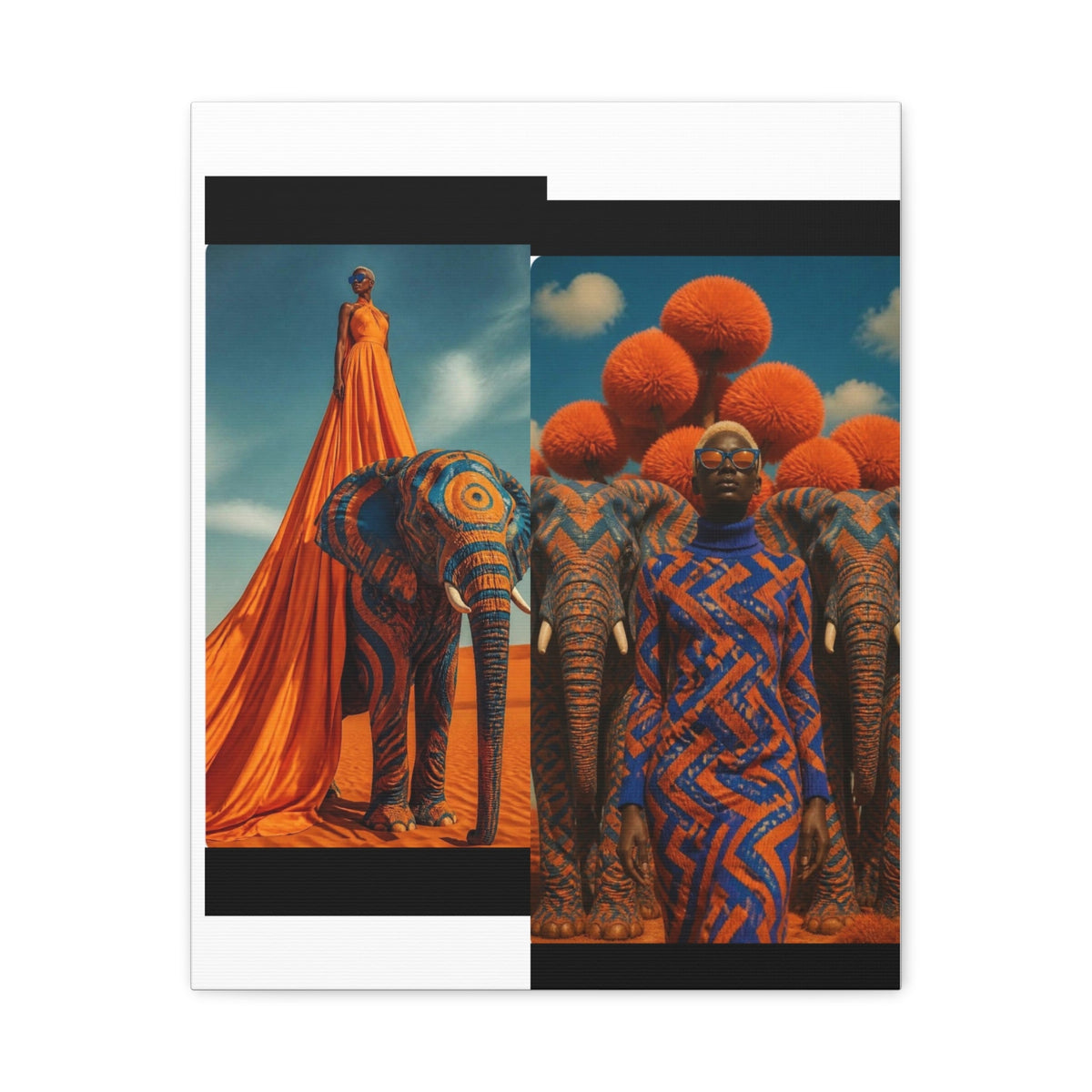 PURETE matte stretched canvas featuring vibrant orange and blue surreal art of a woman with elephants in a desert.