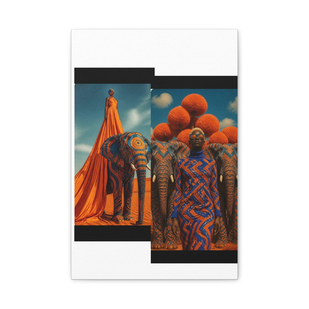 PURETE matte canvas featuring a surreal collage of a model in orange and blue patterns with elephants