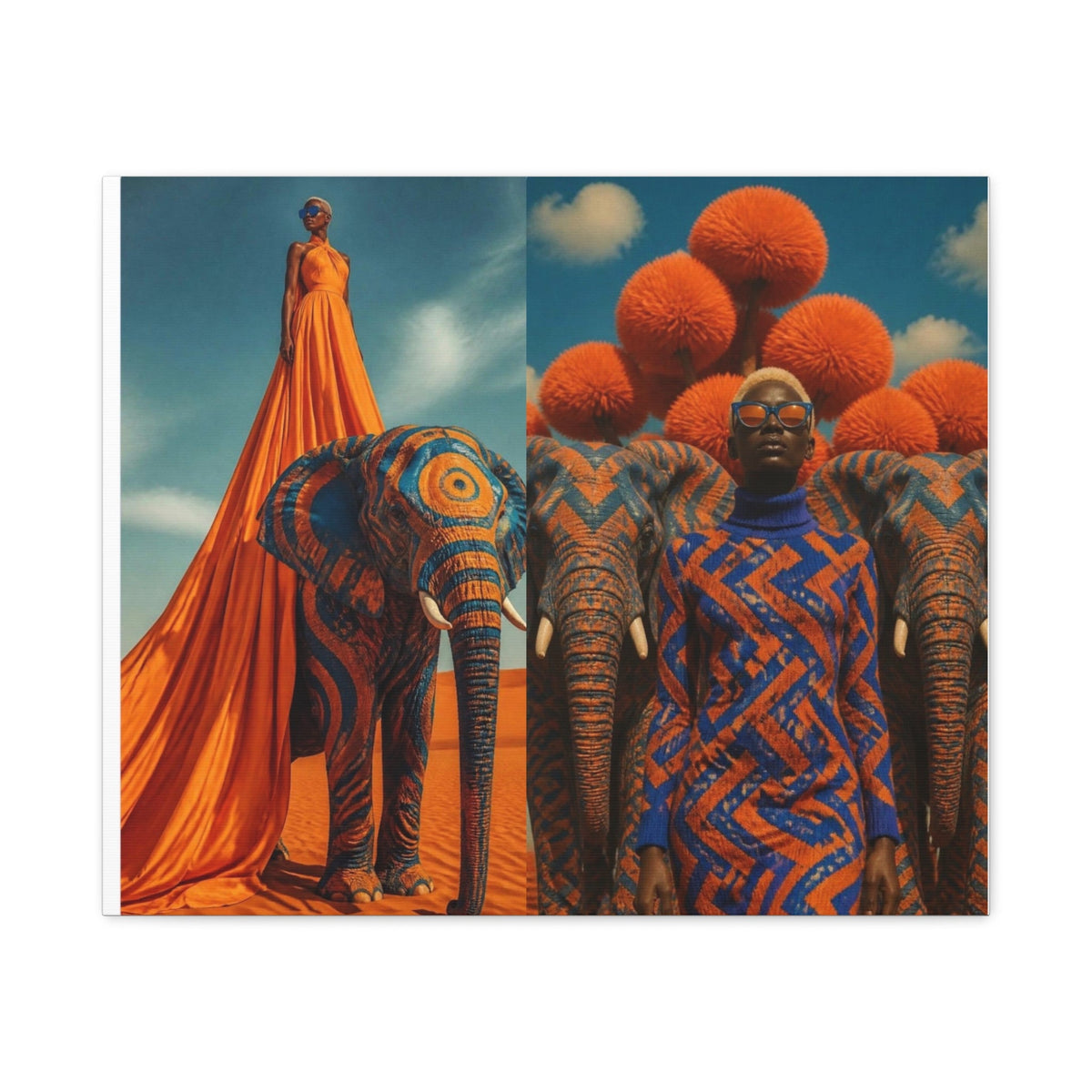 PURETE matte canvas featuring a surreal artistic print of a woman in orange with elephants in a desert landscape