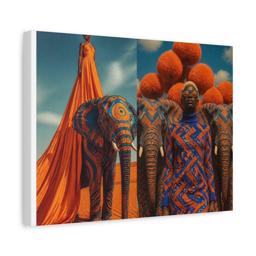 PURETE matte stretched canvas featuring vibrant orange and blue surreal art of models and elephants in a desert landscape.