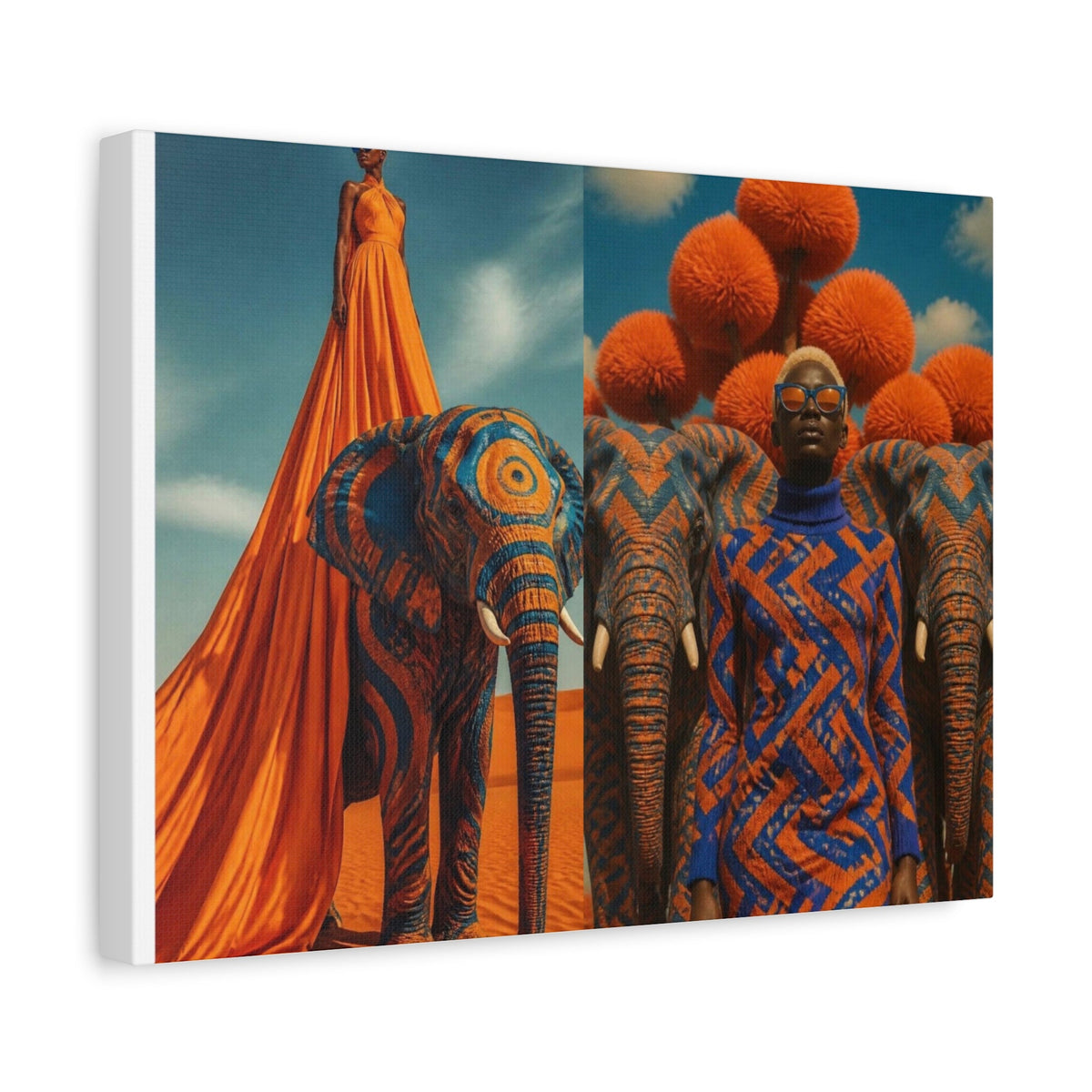 PURETE matte stretched canvas featuring vibrant orange and blue surreal art of models and elephants in a desert landscape.