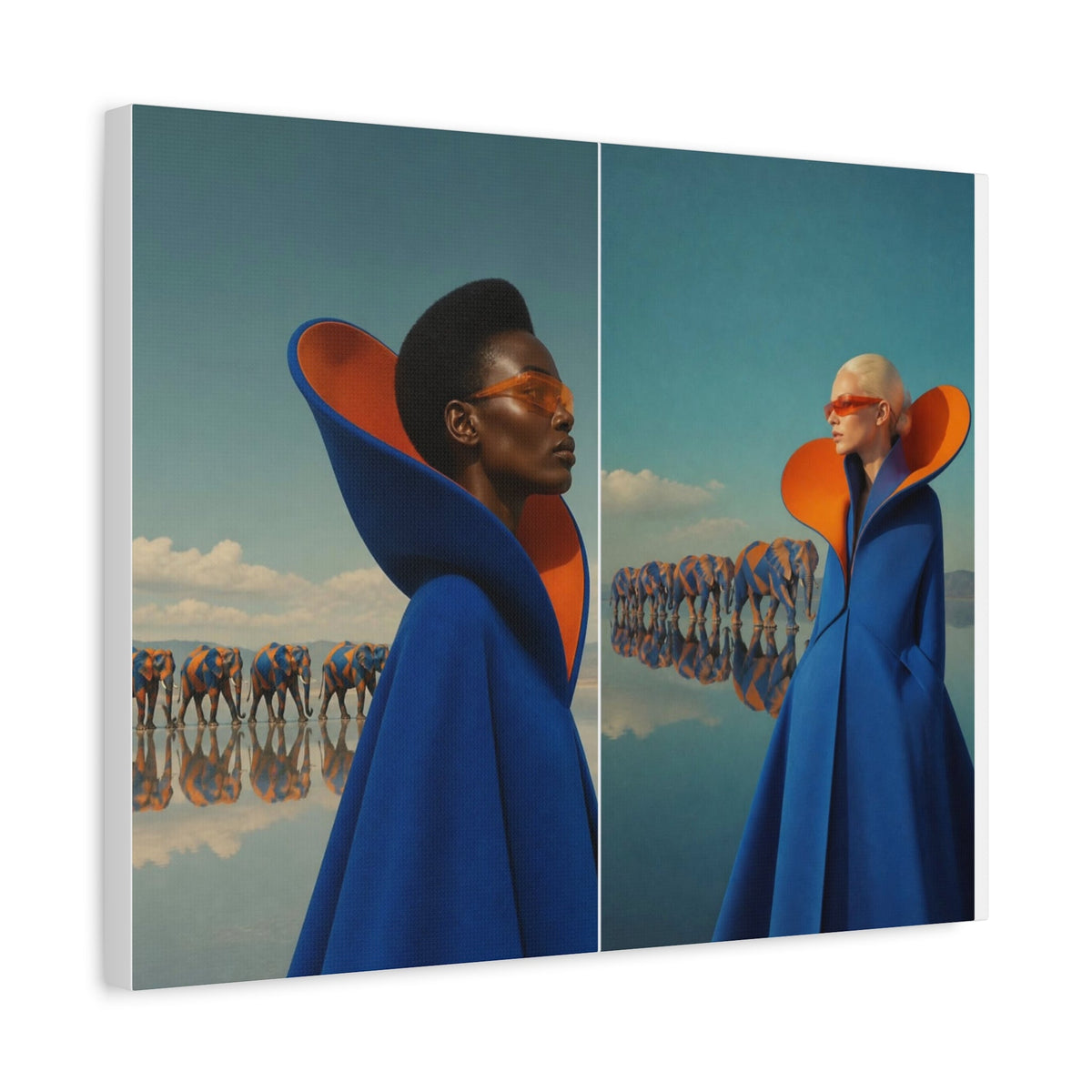 PURETE matte canvas print featuring two models in blue capes and orange glasses with elephants in a surreal landscape