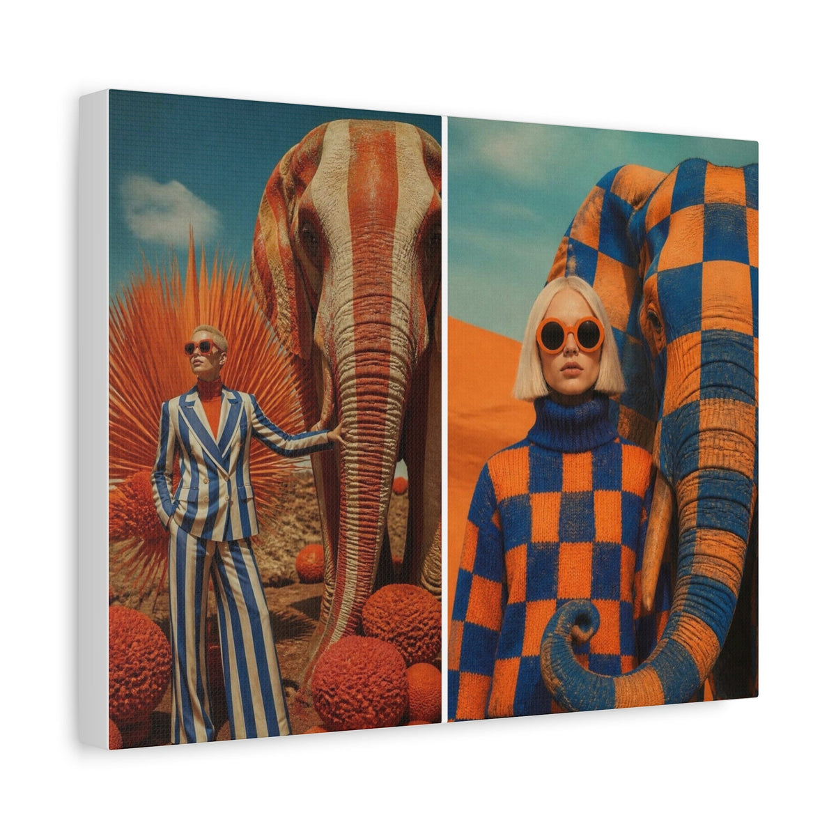 PURETE matte canvas featuring a surreal diptych of women with elephants in a desert landscape with vibrant patterns.