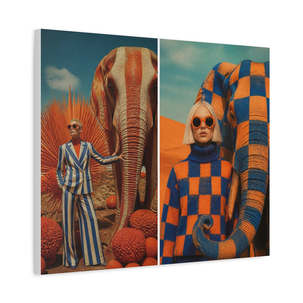 PURETE matte stretched canvas featuring a split-panel surreal art print of women with elephants in orange and blue.