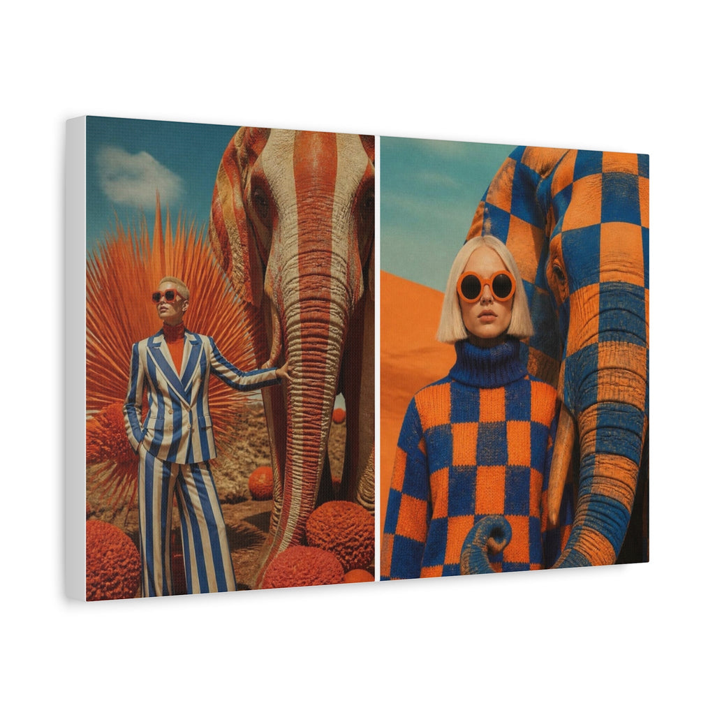 PURETE matte stretched canvas featuring a surreal diptych of models with elephants in vibrant orange and blue tones.