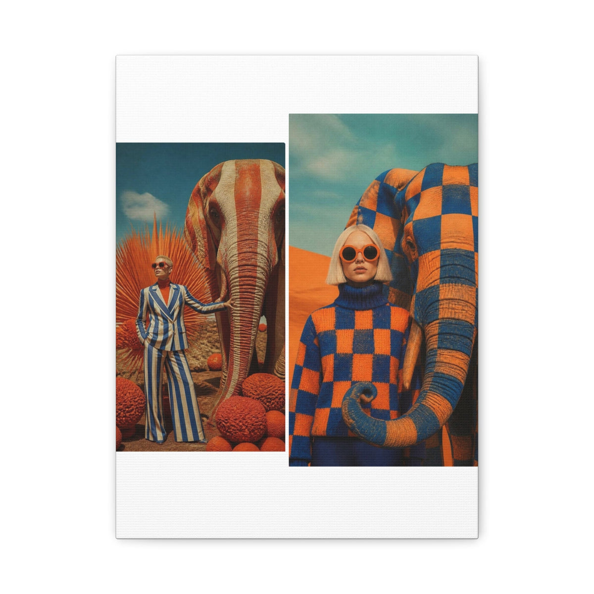 PURETE matte canvas featuring a surreal collage of models with patterned elephants in a vibrant desert landscape.