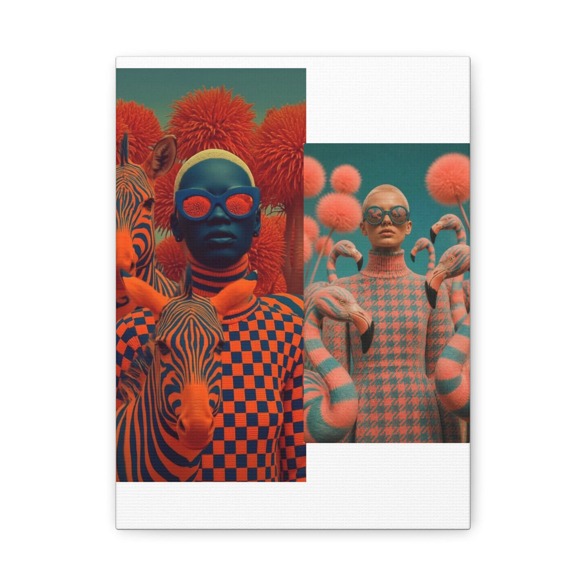 PURETE matte canvas featuring a surreal collage of people in patterned outfits with zebras and flamingos in orange.