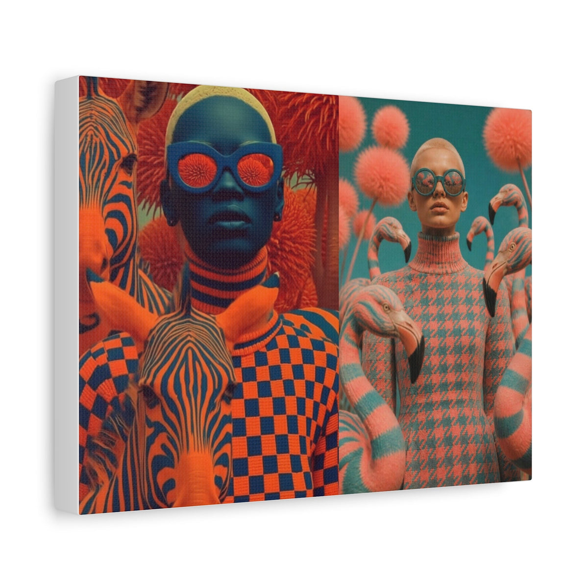 PURETE matte stretched canvas featuring a surreal split-screen art print of models with zebras and flamingos.
