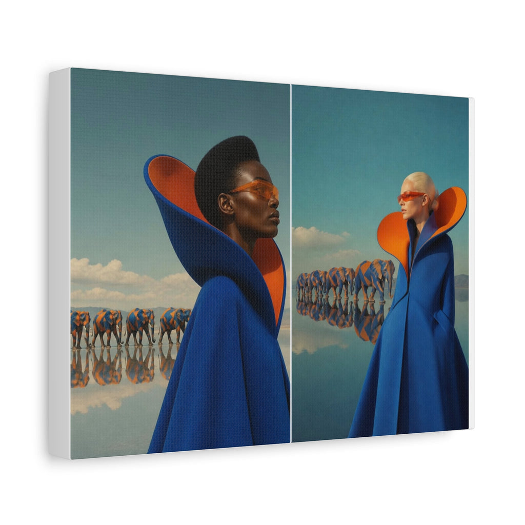 PURETE matte canvas featuring a surreal art print of two models in blue coats with elephants in a reflective landscape.