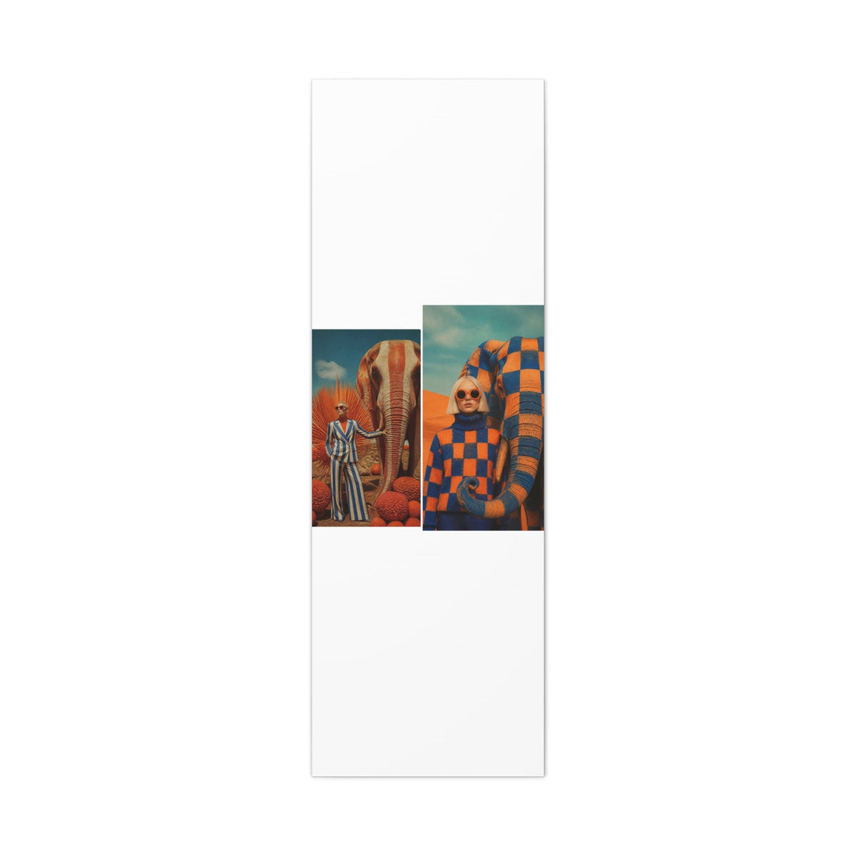 PURETE matte stretched canvas featuring a surreal desert art print with models and elephants in vibrant orange tones.