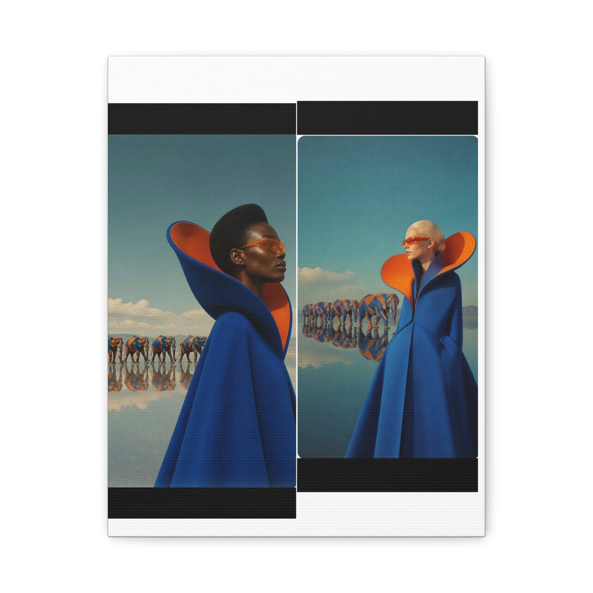 PURETE matte stretched canvas featuring two models in blue and orange coats with surreal elephant silhouettes.