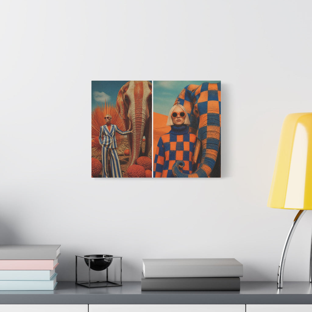 PURETE matte stretched canvas featuring surreal fashion photography of a woman with an elephant in a desert setting.