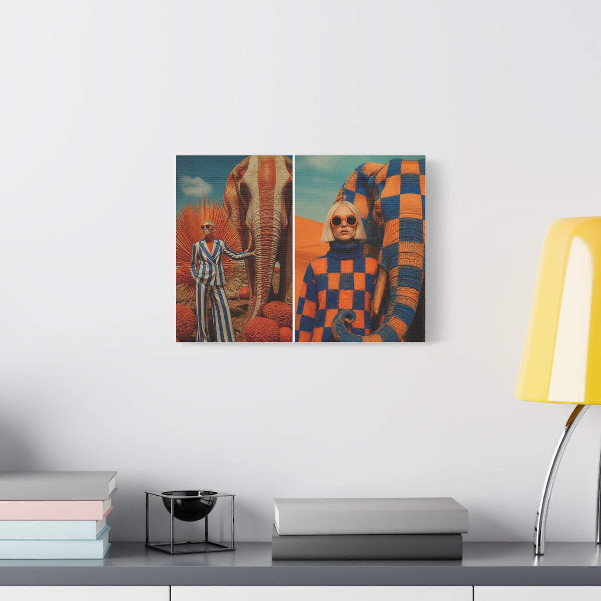 PURETE matte stretched canvas featuring surreal fashion photography of a woman with an elephant in a desert setting.