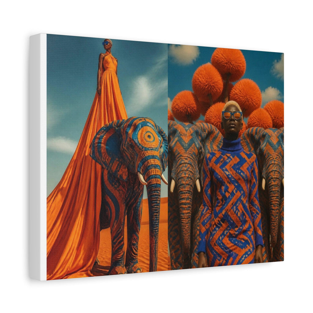 PURETE matte stretched canvas featuring surreal fashion photography of models with patterned elephants in orange and blue
