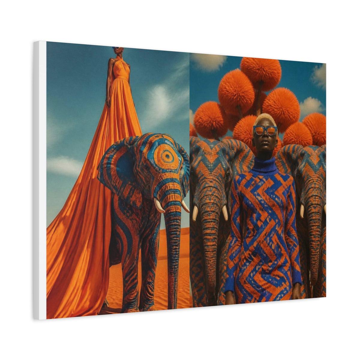 PURETE matte stretched canvas featuring surreal art of a woman in an orange gown and patterned elephants in a desert.