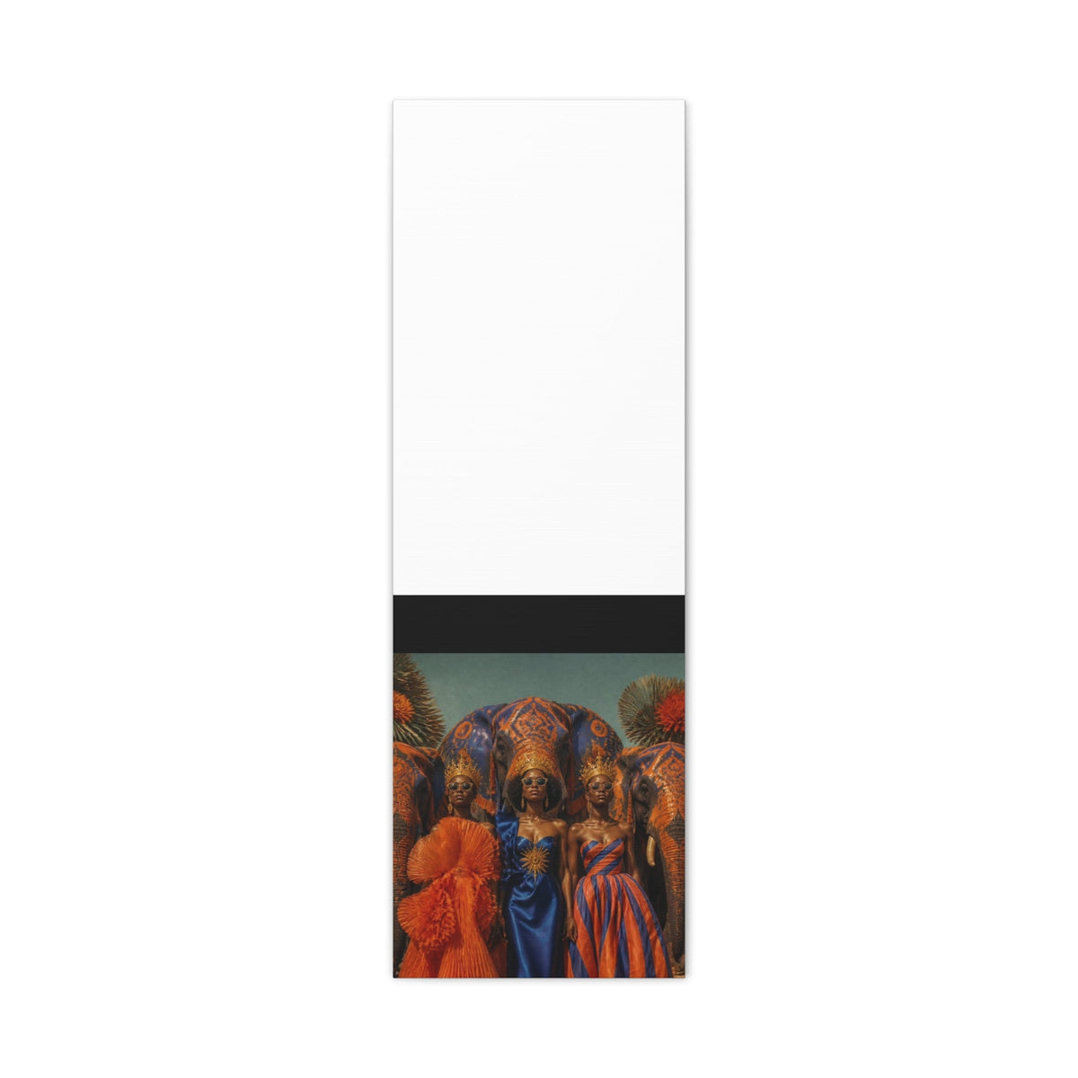 PURETE matte stretched canvas featuring a vertical art print of three women in ornate crowns with elephants.