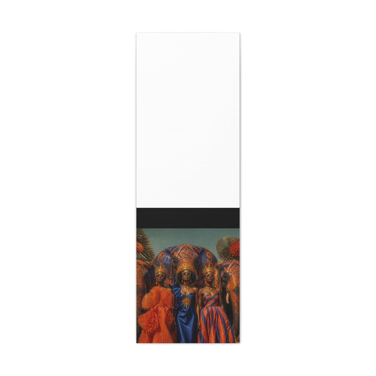 PURETE matte stretched canvas featuring a vertical art print of three women in ornate attire with elephants.