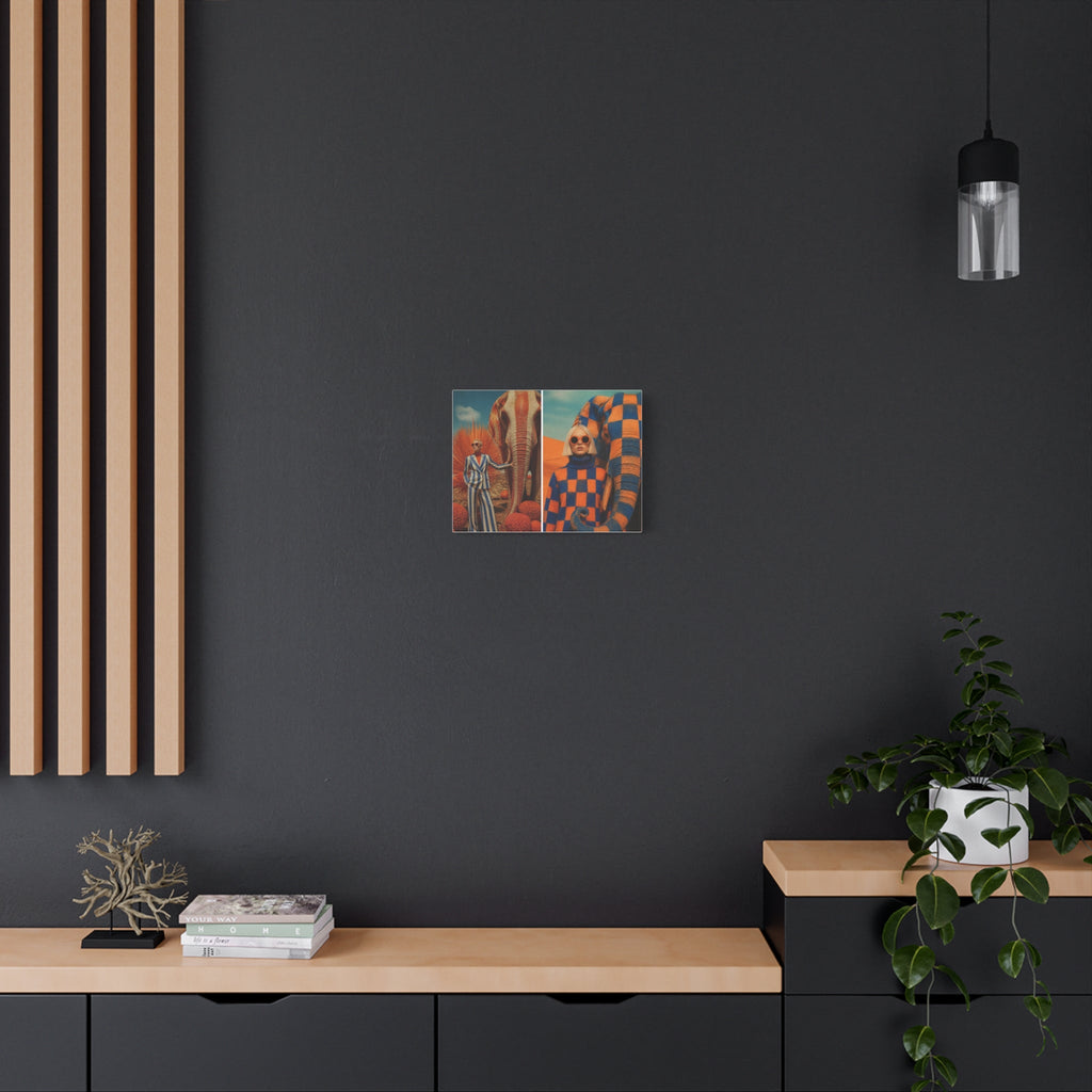 PURETE matte canvas wall art featuring surreal fashion photography hanging on a dark grey wall above a wooden console.