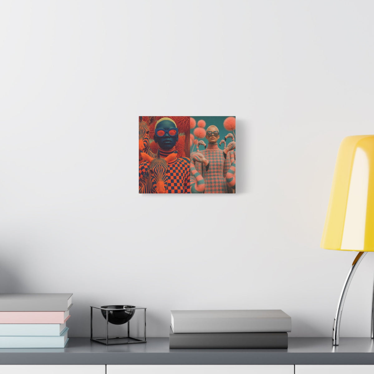 PURETE matte canvas print featuring surreal art hanging on a white wall above a desk with books and a yellow lamp.