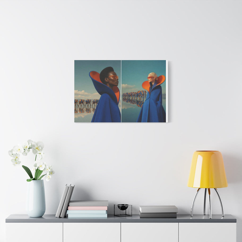PURETE matte stretched canvas featuring surreal art of two figures in blue coats hanging on a white wall above a desk