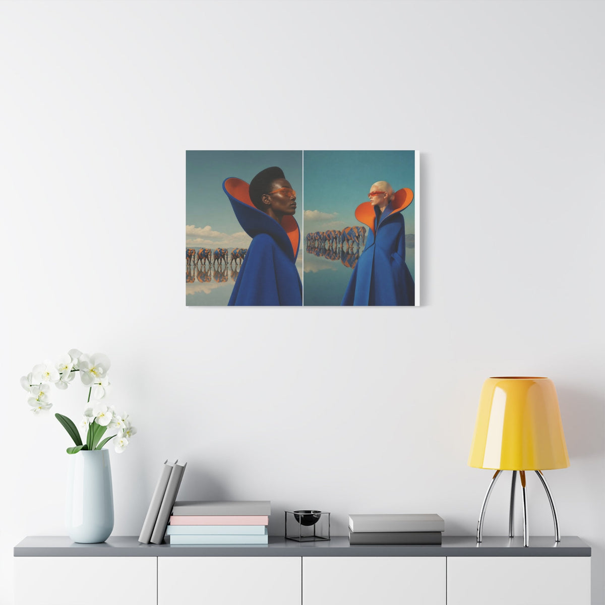 PURETE matte stretched canvas featuring surreal art of two figures in blue coats hanging on a white wall above a desk