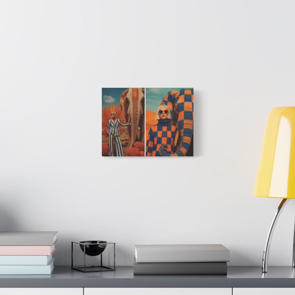 PURETE matte stretched canvas featuring a surreal diptych art print hanging on a white wall above a desk with a lamp.