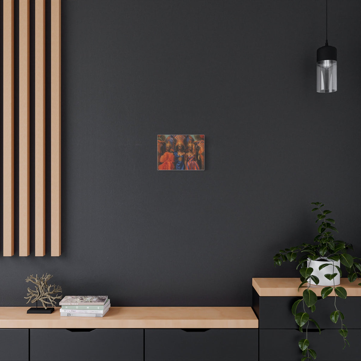 PURETE matte stretched canvas featuring vibrant abstract art hanging on a dark grey wall above a wooden console table.