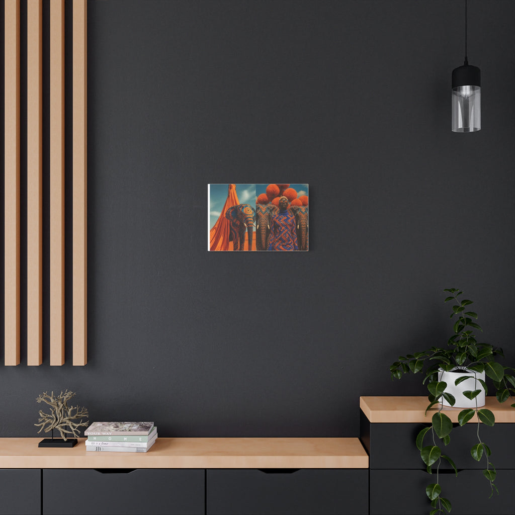 PURETE matte stretched canvas featuring vibrant elephant artwork hanging on a dark grey wall above a wooden console.