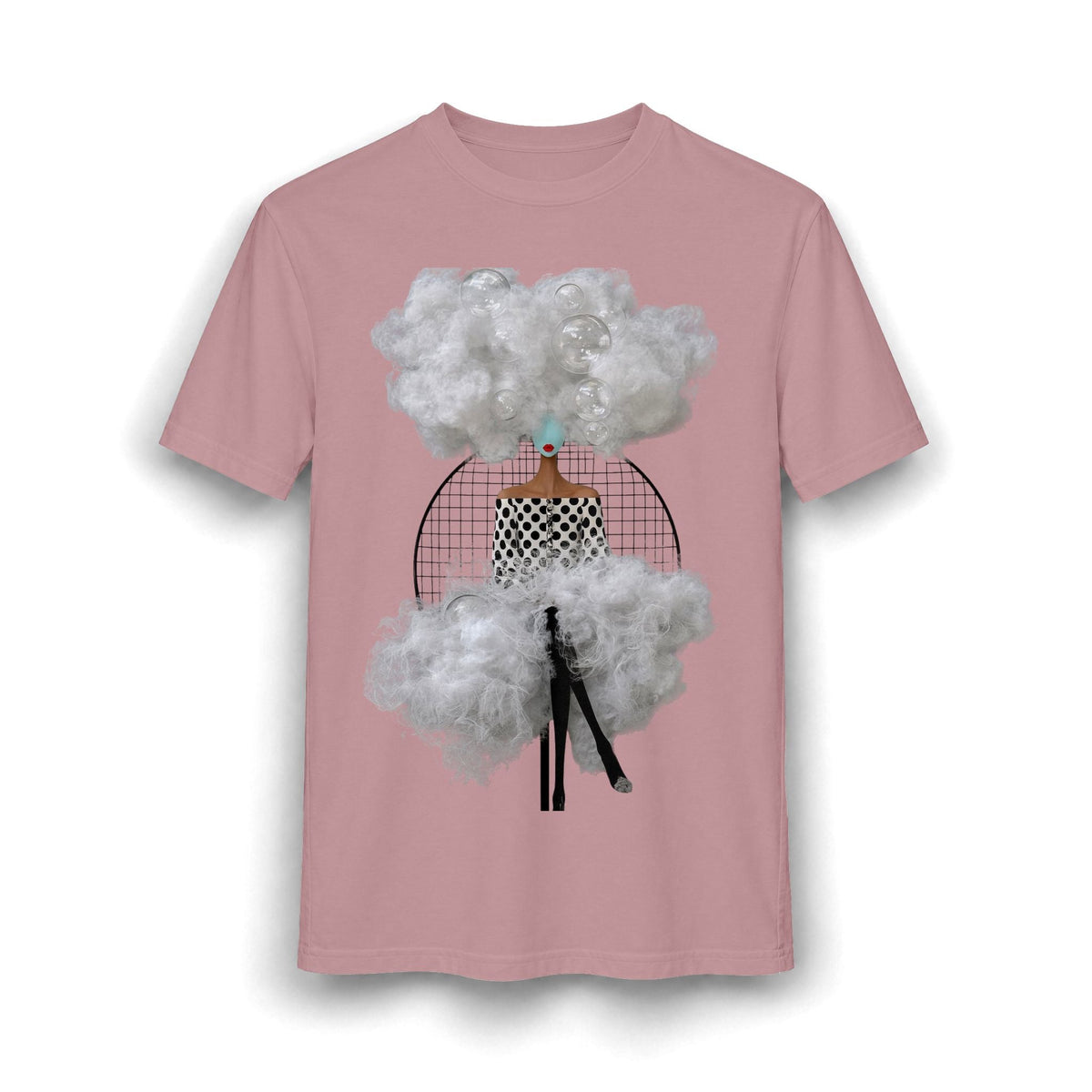 PURETE dusty pink graphic t-shirt featuring a surreal collage of a woman with cloud hair and bubbles.